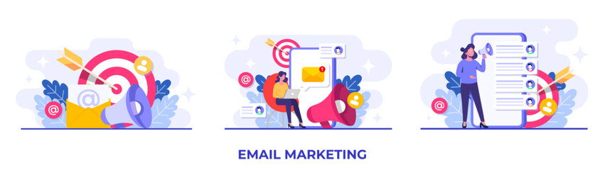 Set of email marketing campaign flat illustrations, Online business strategy, Advertising, Email newsletter, messaging, Marketing concept for landing page, web banner, social media, infographic