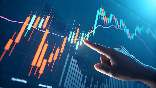 Close up of a finger pointing at a glowing stock market candlestick chart with a trend line