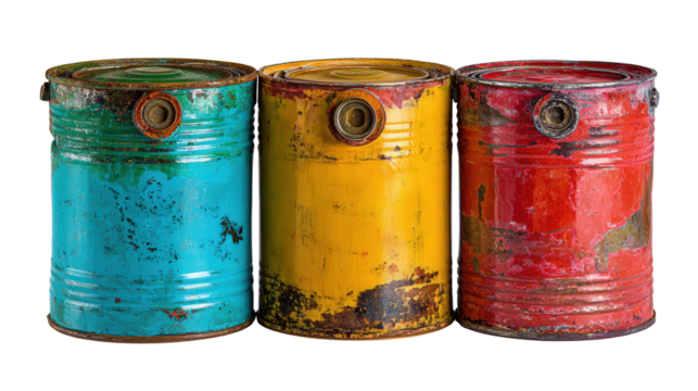 Old paint cans background isolated on a Transparent background, PNG file.