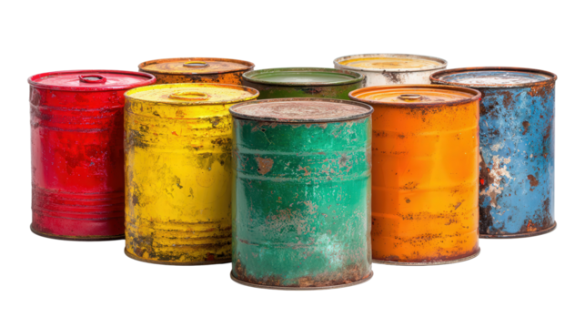 Old paint cans background isolated on a Transparent background, PNG file.