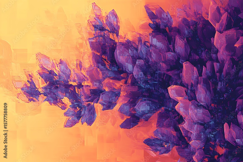 Poster a glitch-inspired pattern of pixelated lavender shapes exploding across an amber canvas