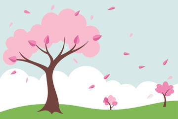 Blooming Cherry Blossom Trees in Windy Scene