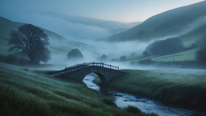 Stone Bridge Over River in Misty Green Valley