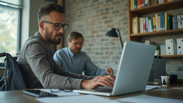 Close-up of man with disability using laptop at office workstation


