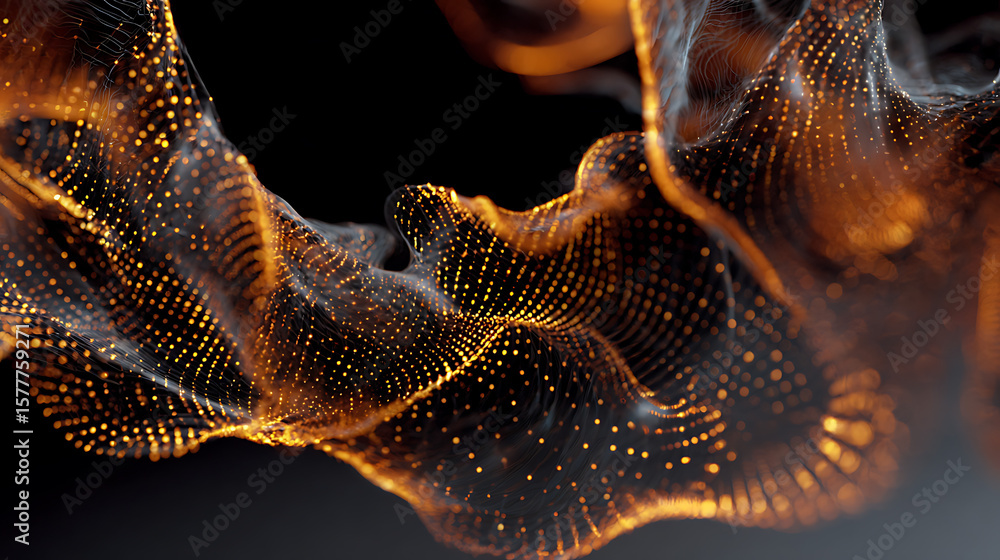Poster an abstract wave of golden particles flows across a dark background, creating a digital effect
