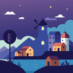 Twilight Village with Windmill and River in Purple Sky, Sunset Rural Town, Windmill Landscape Art, Evening Countryside Scene