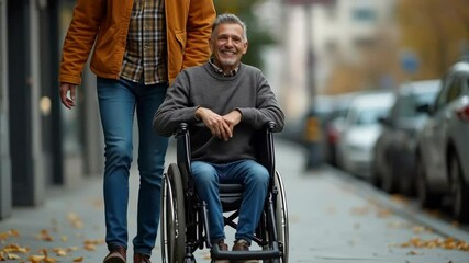 Close-up of man pushing friend in wheelchair on sidewalk

 - Powered by Adobe