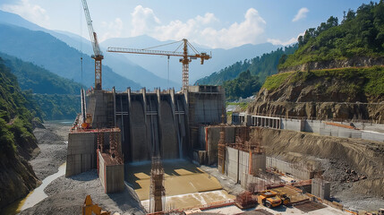 Construction of a hydroelectric dam in a mountainous area with cranes and concrete structures