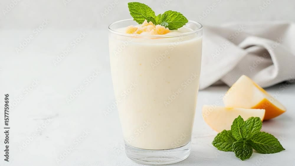 Poster smoothie delight: a refreshing smoothie, topped with a mint sprig, sits invitingly, complemented by 