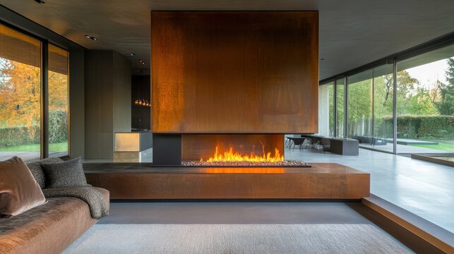 Corten steel fireplace living area with minimalist hearth and warm ambient glow