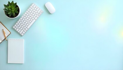 HD photography of a minimalist flat lay workspace with a white wireless keyboard, wireless mouse, a...
