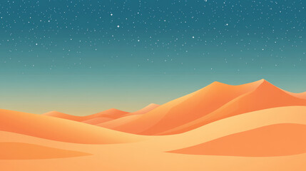 Calm Desert Landscape at Dusk with Orange Sand Dunes and Clear Starry Night Sky
