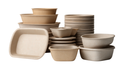 Pile of biodegradable containers background isolated on a Transparent background, PNG file.