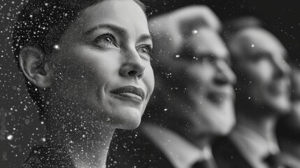 Monochrome Portrait of Business Professionals with Digital Data Overlay.