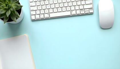 HD photography of a minimalist flat lay workspace with a white wireless keyboard, wireless mouse, a...