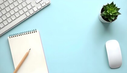 HD photography of a minimalist flat lay workspace with a white wireless keyboard, wireless mouse, a...