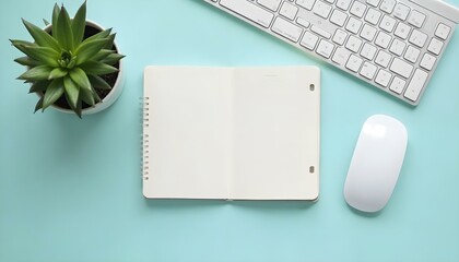 HD photography of a minimalist flat lay workspace with a white wireless keyboard, wireless mouse, a...