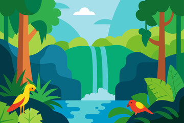 Fototapeta premium Tropical Forest With Waterfall And Parrots