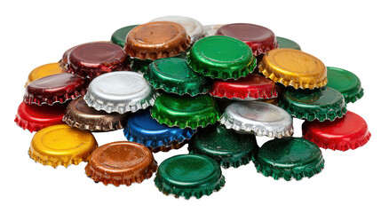 Pile of bottle caps sorted by color background isolated on a Transparent background, PNG file.