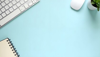 HD photography of a minimalist flat lay workspace with a white wireless keyboard, wireless mouse, a...