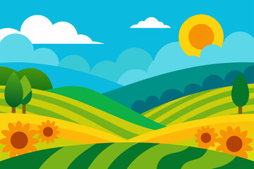 Fototapeta premium Vibrant Landscape With Hills And Sunflower Fields