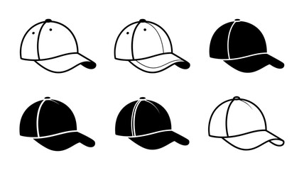 Vector art of black and white baseball cap icons in different styles, isolated on white background