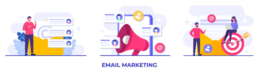 Set of email marketing campaign flat illustrations, Online business strategy, Advertising, Email newsletter, messaging, Marketing concept for landing page, web banner, social media, infographic