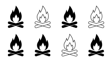 Vector art of a collection of campfire icons in various styles, isolated on white background