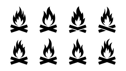 Vector art of set of campfire icons isolated on white background, depicting burning wood and flames for camping or outdoor themes