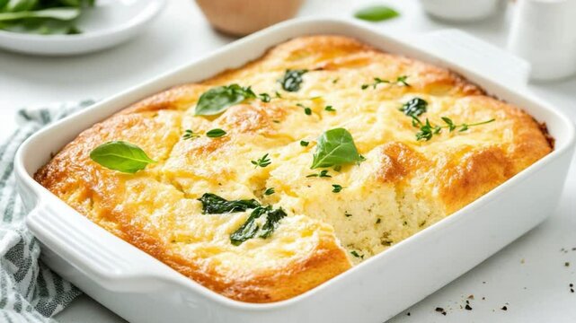 Culinary Delight: Fluffy baked souffle in a white rectangular dish with fresh green herbs, embodying the artistry of gastronomy, capturing a moment of pure culinary delight.