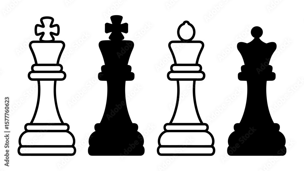 Poster vector art of black and white chess pieces including kings and queens are displayed in a row isolate