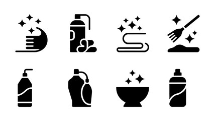 Vector art of collection of cleaning and hygiene icons, including hands, sprays, towels, brooms, and bottles isolated on white background