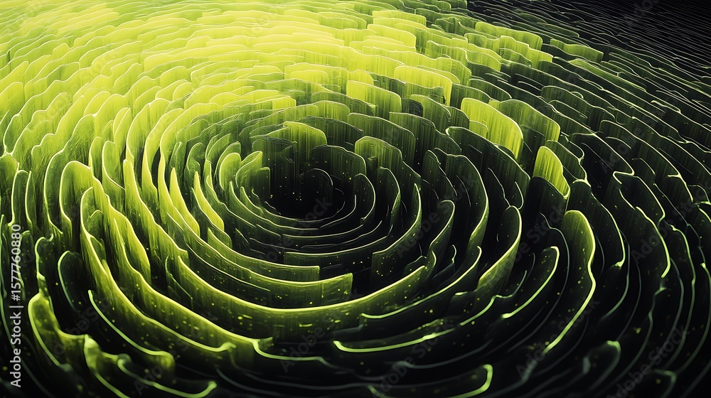 Poster a layered background of lime-green concentric circles pulsing over a black void, emitting soft geome