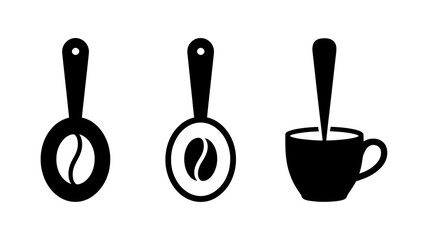 Vector art of a collection of coffee icons with spoons, cups, and beans isolated on white background