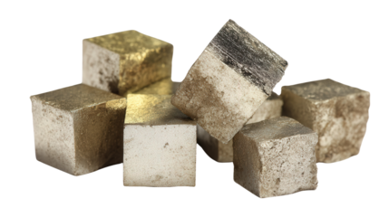 Pyrite golden cubic mineral lump background isolated on a Transparent background, PNG file.