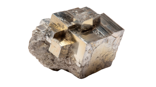 Pyrite golden cubic mineral lump background isolated on a Transparent background, PNG file.