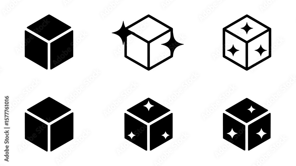 Poster vector art of six stylized boxes with sparkles float above them, isolated on white background