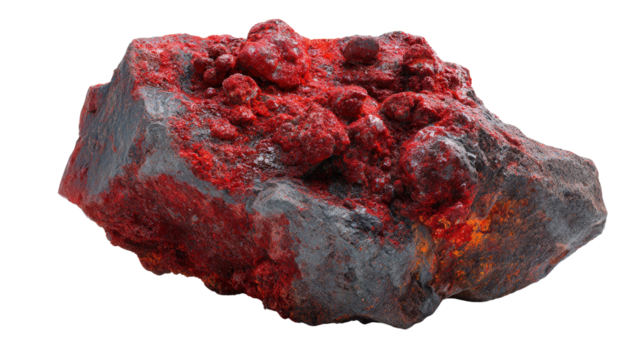 Realgar red arsenic mineral lump background isolated on a Transparent background, PNG file.