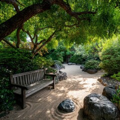 Fototapeta premium A tranquil Zen garden featuring raked sand and minimalist design.