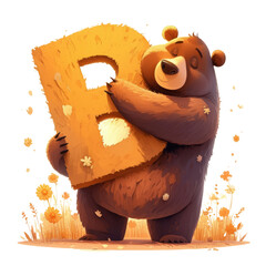 Cute bear holding letter b illustration with transparent background in vibrant flowered environment
