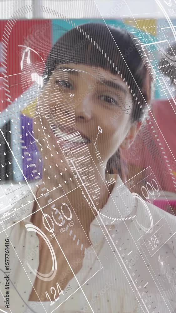 Poster smiling woman in office with digital data processing animation overlay