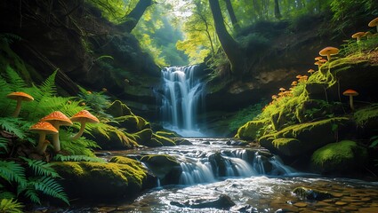Waterfall with Mushrooms in Lush Green Forest