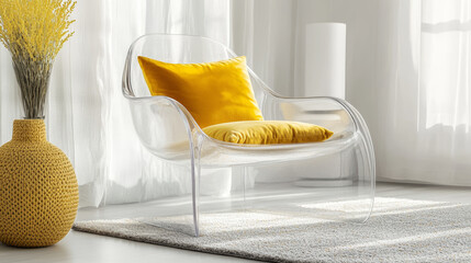 Clear Acrylic Chair with Yellow Accents on Neutral Rug in Bright, Airy Room – Minimalist Modern Interior Styling