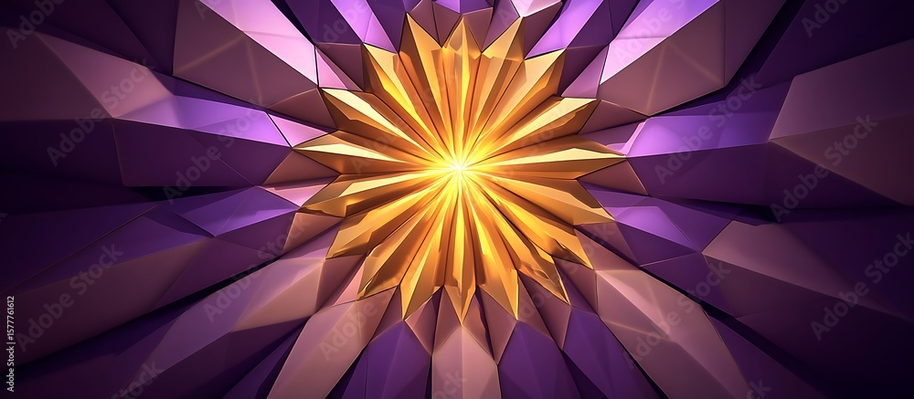 Poster a looping pattern of golden triangles radiating from a matte violet center, forming a dynamic sunbur