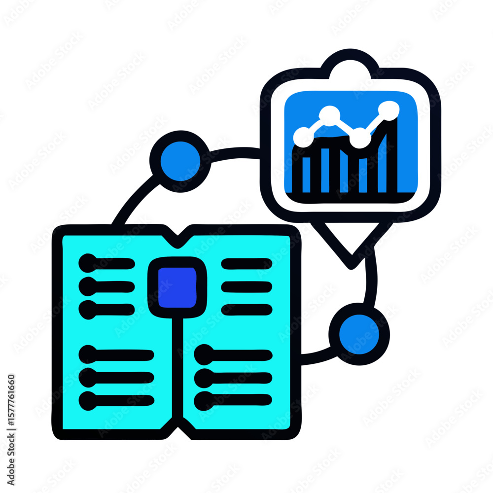 Poster ai training data illustration featuring an open book and data analysis graph in blue and turquoise c