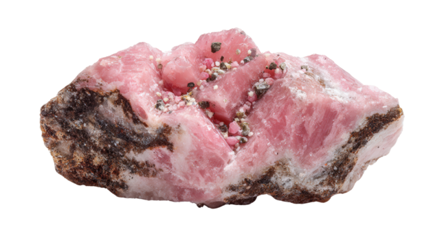 Rhodochrosite pink manganese mineral lump background isolated on a Transparent background, PNG file.