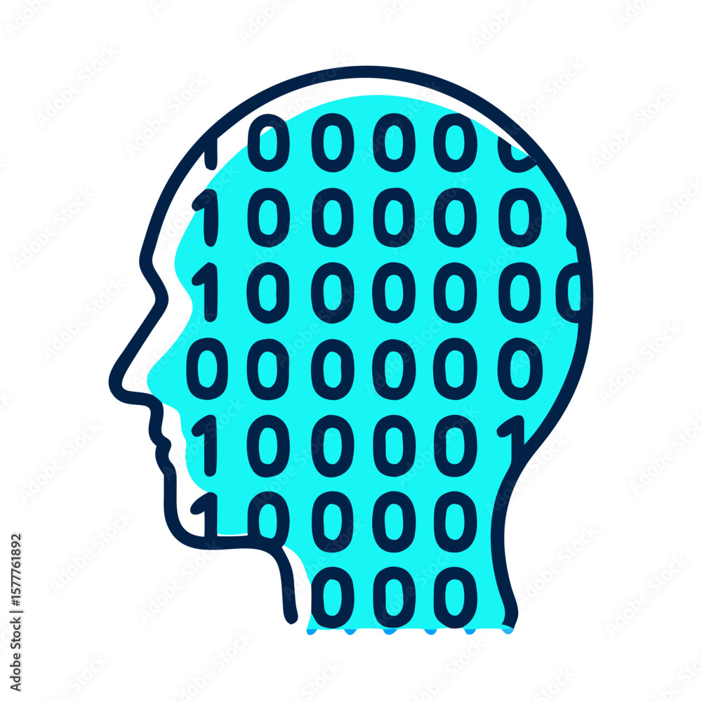 Poster head with binary code illustration in blue and turquoise colors on white background