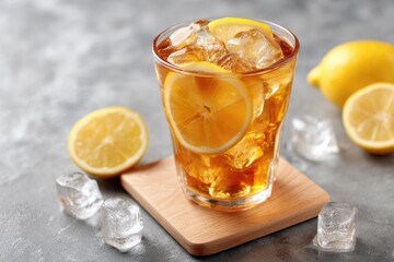 Iced tea with lemon slices and ice cubes.