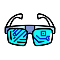 Glasses with AI display illustration featuring circuits in blue and turquoise colors on white background
