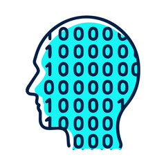 Head with binary code illustration in blue and turquoise colors on white background